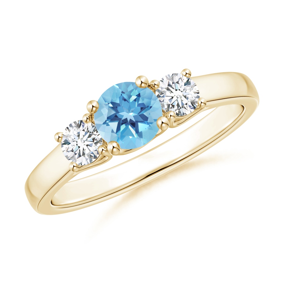 5mm A Classic Round Swiss Blue Topaz and Diamond Three Stone Ring in Yellow Gold 