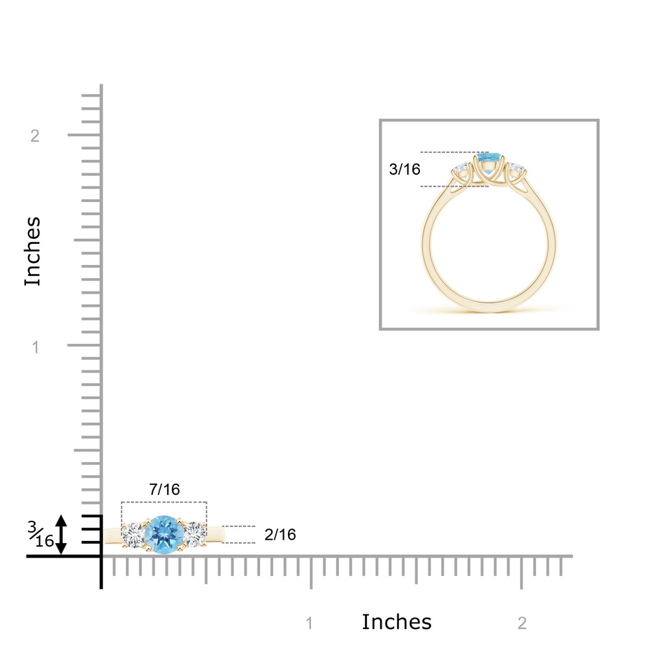 5mm A Classic Round Swiss Blue Topaz and Diamond Three Stone Ring in Yellow Gold ruler