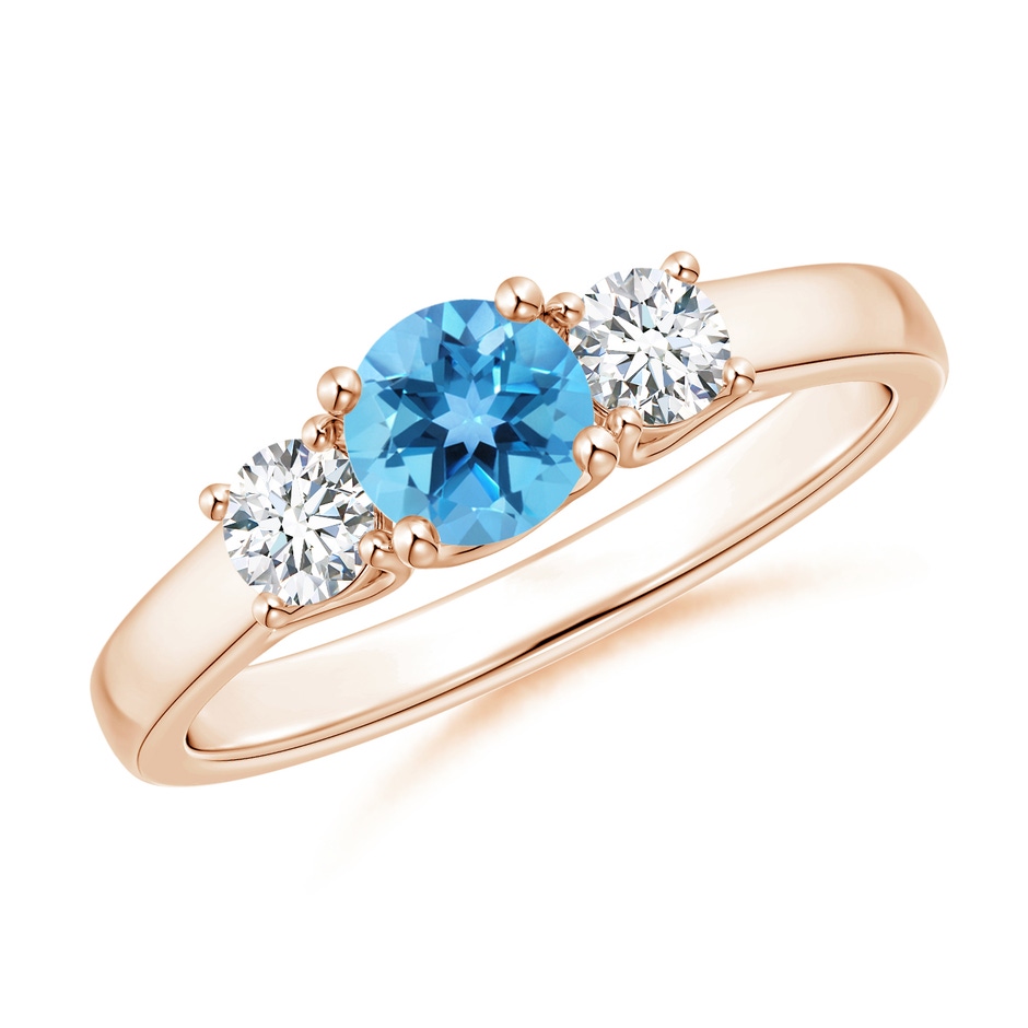 5mm AA Classic Round Swiss Blue Topaz and Diamond Three Stone Ring in Rose Gold 