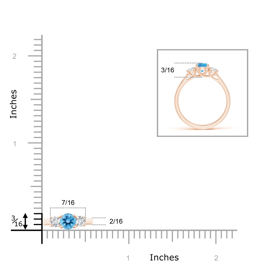 5mm AA Classic Round Swiss Blue Topaz and Diamond Three Stone Ring in Rose Gold ruler