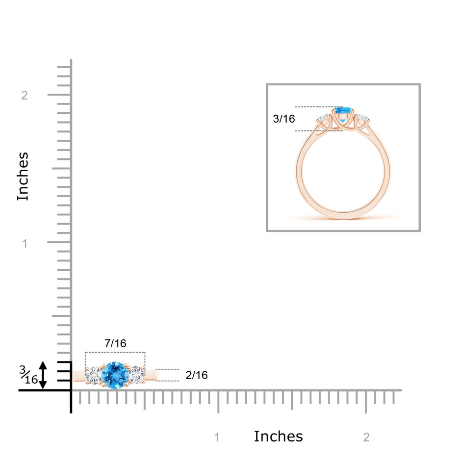 5mm AAA Classic Round Swiss Blue Topaz and Diamond Three Stone Ring in Rose Gold ruler