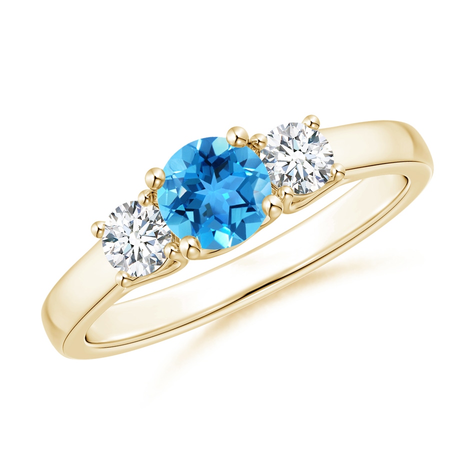 5mm AAA Classic Round Swiss Blue Topaz and Diamond Three Stone Ring in Yellow Gold 