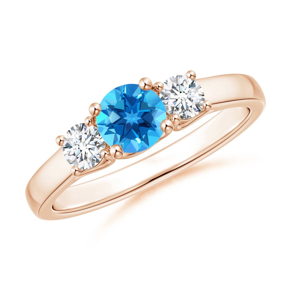 5mm AAAA Classic Round Swiss Blue Topaz and Diamond Three Stone Ring in Rose Gold 