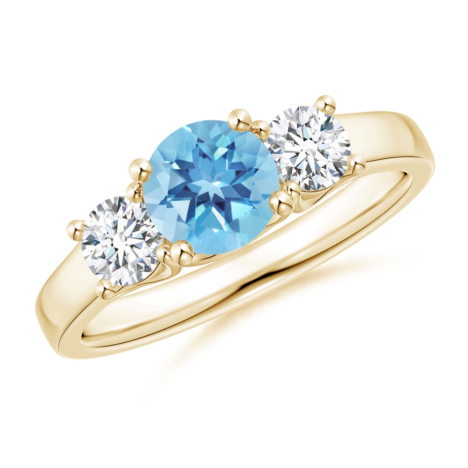 6mm A Classic Round Swiss Blue Topaz and Diamond Three Stone Ring in Yellow Gold 