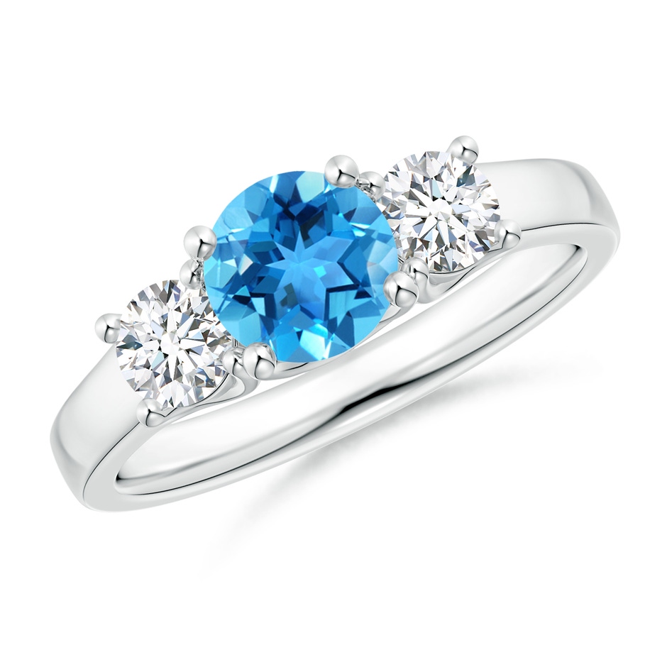 6mm AAA Classic Round Swiss Blue Topaz and Diamond Three Stone Ring in White Gold 