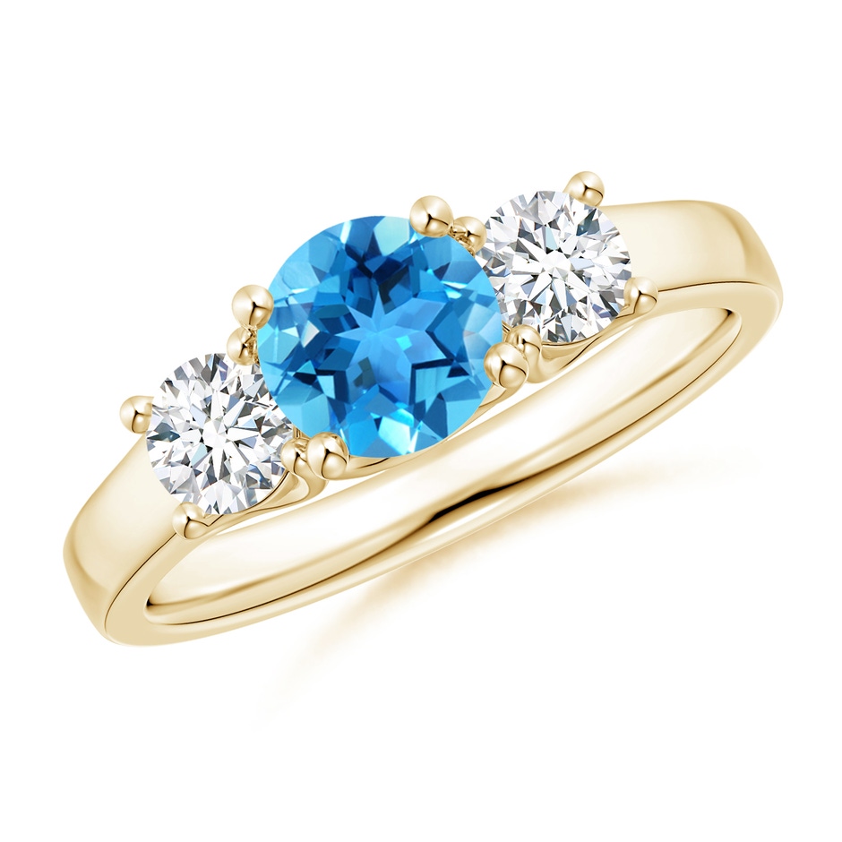 6mm AAA Classic Round Swiss Blue Topaz and Diamond Three Stone Ring in Yellow Gold 