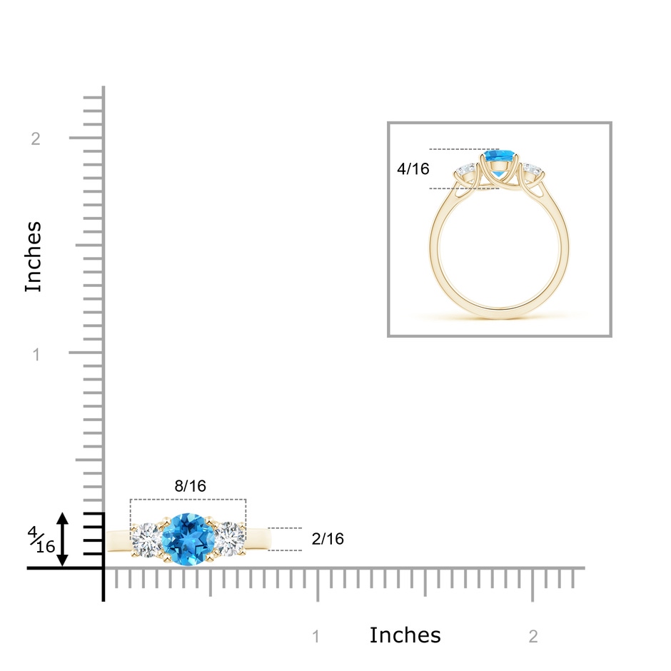 6mm AAA Classic Round Swiss Blue Topaz and Diamond Three Stone Ring in Yellow Gold ruler