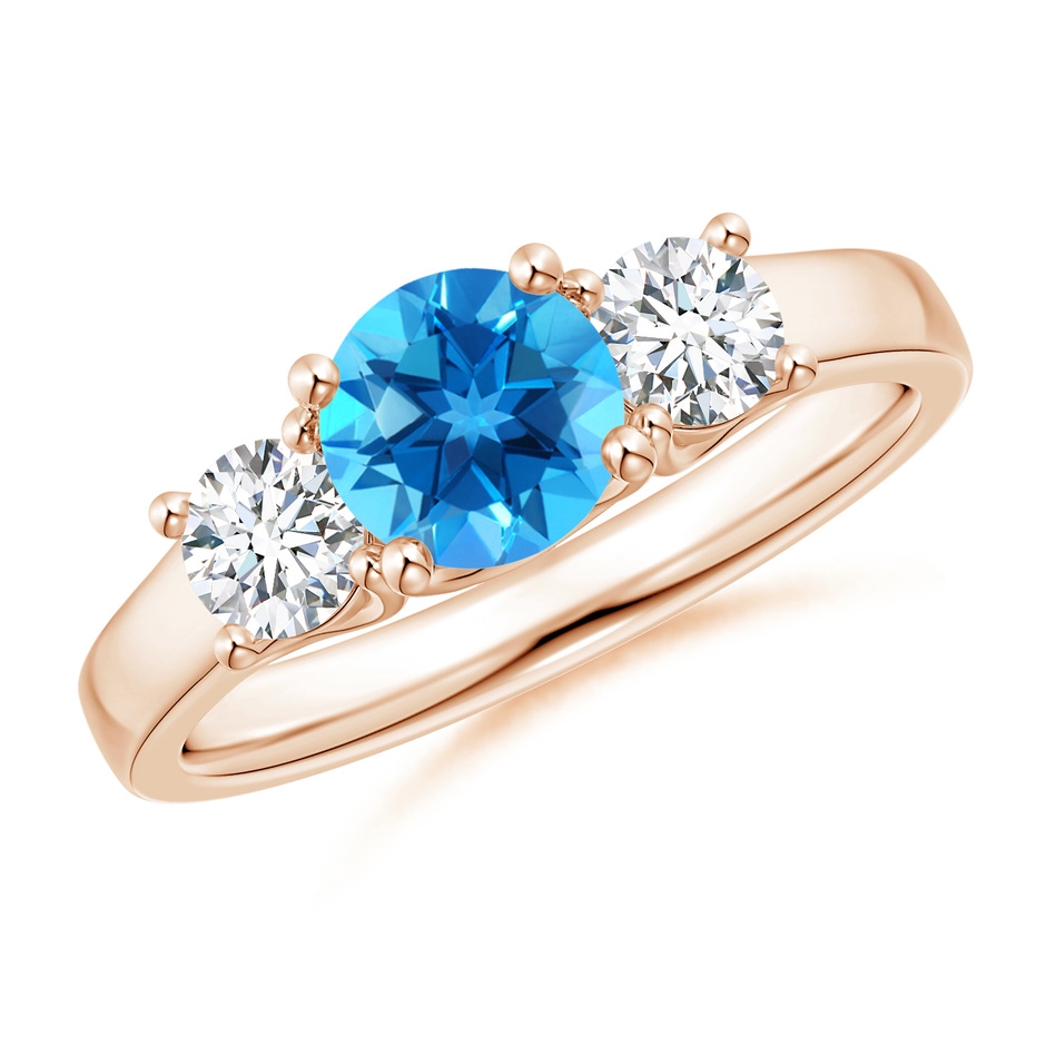 6mm AAAA Classic Round Swiss Blue Topaz and Diamond Three Stone Ring in Rose Gold 
