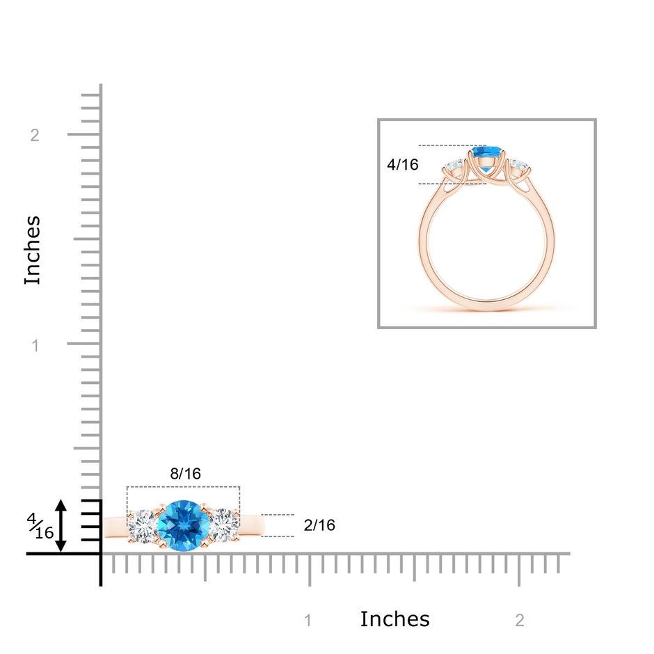 6mm AAAA Classic Round Swiss Blue Topaz and Diamond Three Stone Ring in Rose Gold ruler