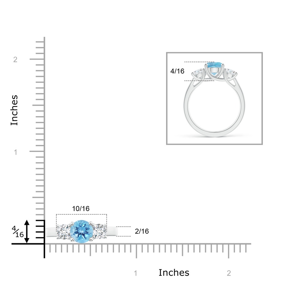 7mm A Classic Round Swiss Blue Topaz and Diamond Three Stone Ring in P950 Platinum ruler