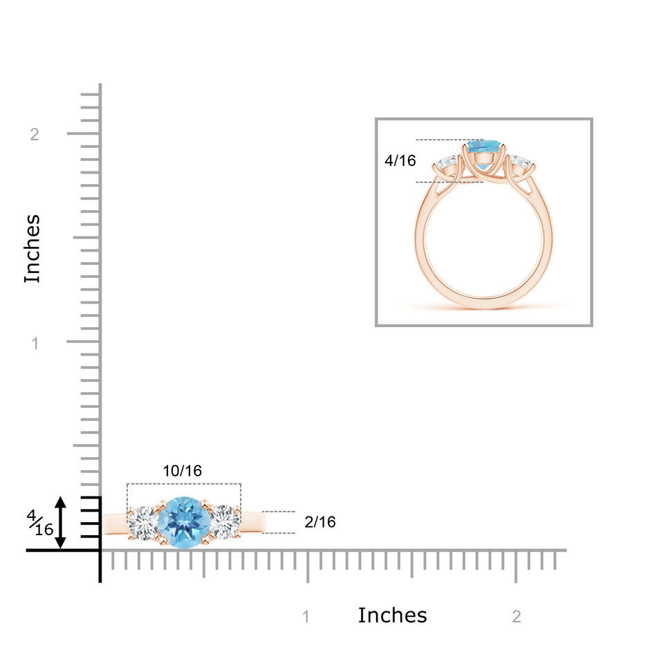 7mm A Classic Round Swiss Blue Topaz and Diamond Three Stone Ring in Rose Gold ruler