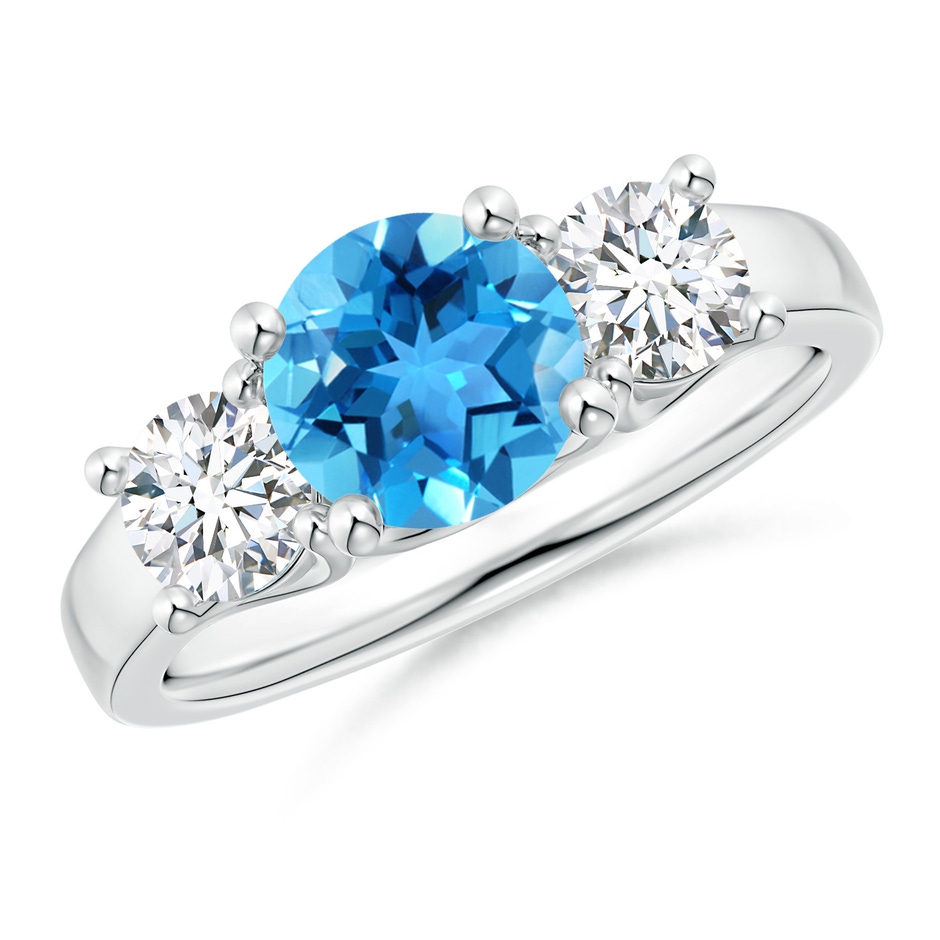 7mm AAA Classic Round Swiss Blue Topaz and Diamond Three Stone Ring in White Gold 