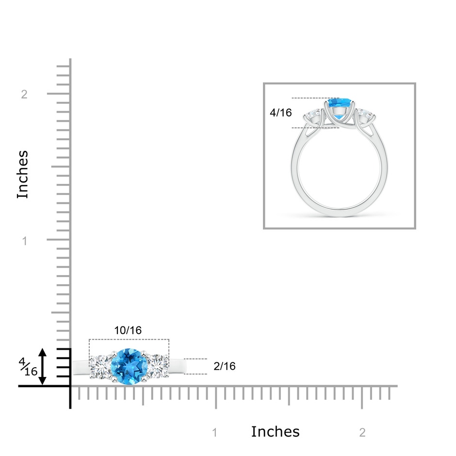 7mm AAA Classic Round Swiss Blue Topaz and Diamond Three Stone Ring in White Gold ruler