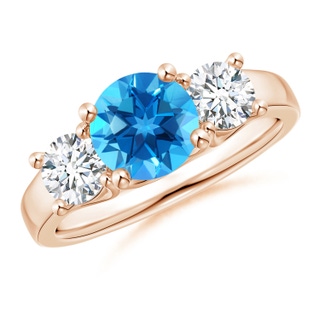 7mm AAAA Classic Round Swiss Blue Topaz and Diamond Three Stone Ring in 9K Rose Gold