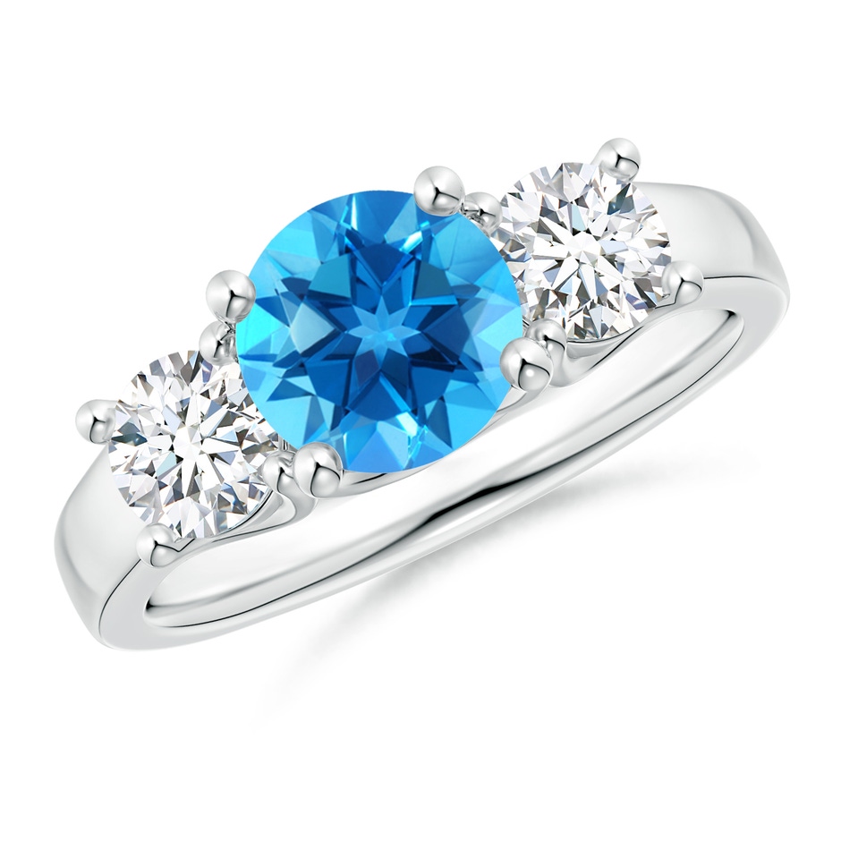 7mm AAAA Classic Round Swiss Blue Topaz and Diamond Three Stone Ring in White Gold 