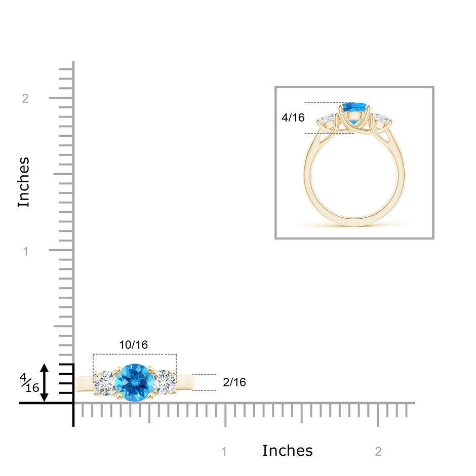 7mm AAAA Classic Round Swiss Blue Topaz and Diamond Three Stone Ring in Yellow Gold ruler