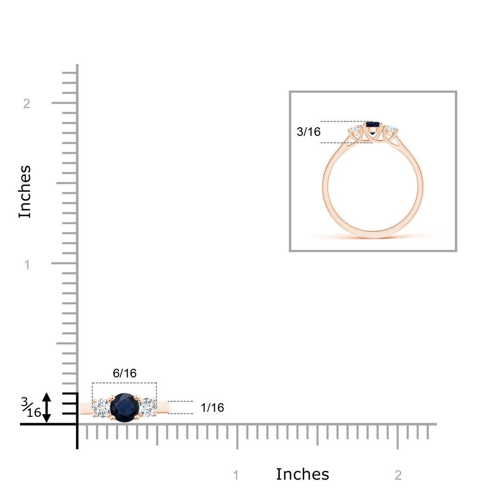 4mm A Classic Round Sapphire and Diamond Three Stone Ring in 9K Rose Gold Ruler