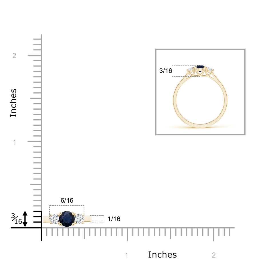 4mm A Classic Round Sapphire and Diamond Three Stone Ring in Yellow Gold ruler