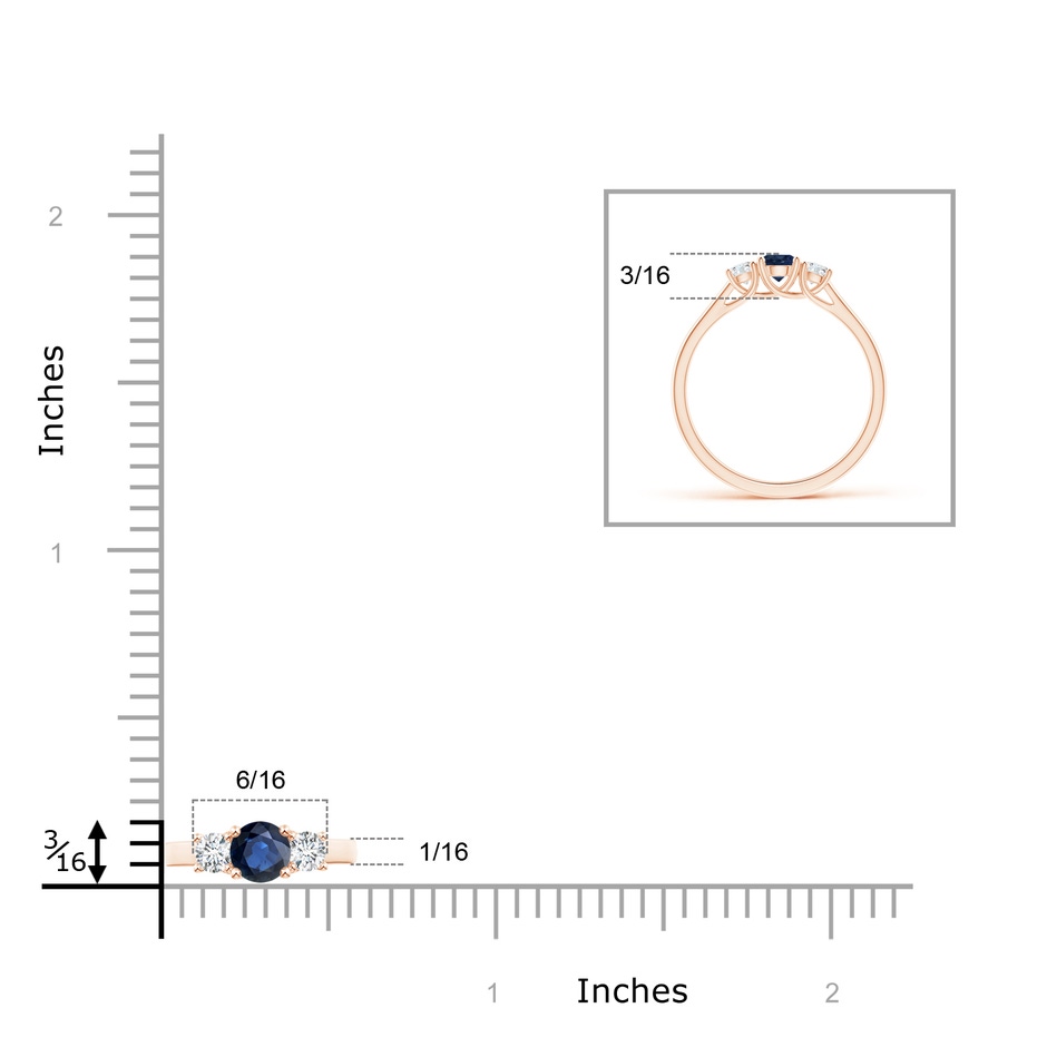 4mm AA Classic Round Sapphire and Diamond Three Stone Ring in Rose Gold ruler