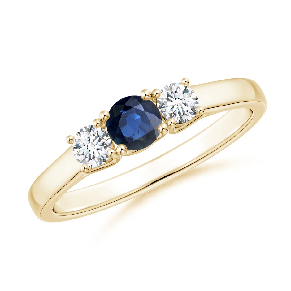 4mm AA Classic Round Sapphire and Diamond Three Stone Ring in Yellow Gold 