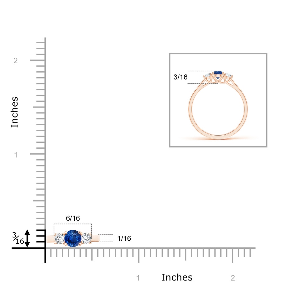 4mm AAA Classic Round Sapphire and Diamond Three Stone Ring in 9K Rose Gold ruler
