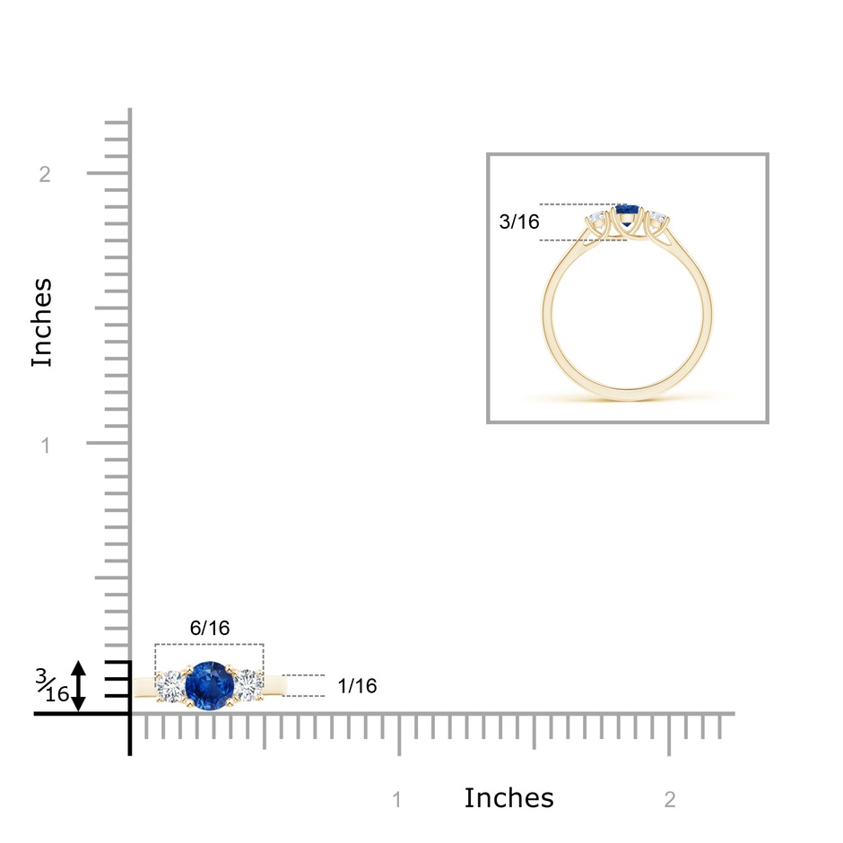 4mm AAA Classic Round Sapphire and Diamond Three Stone Ring in Yellow Gold ruler