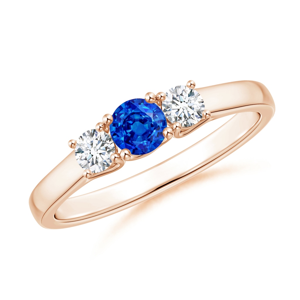 4mm AAAA Classic Round Sapphire and Diamond Three Stone Ring in Rose Gold