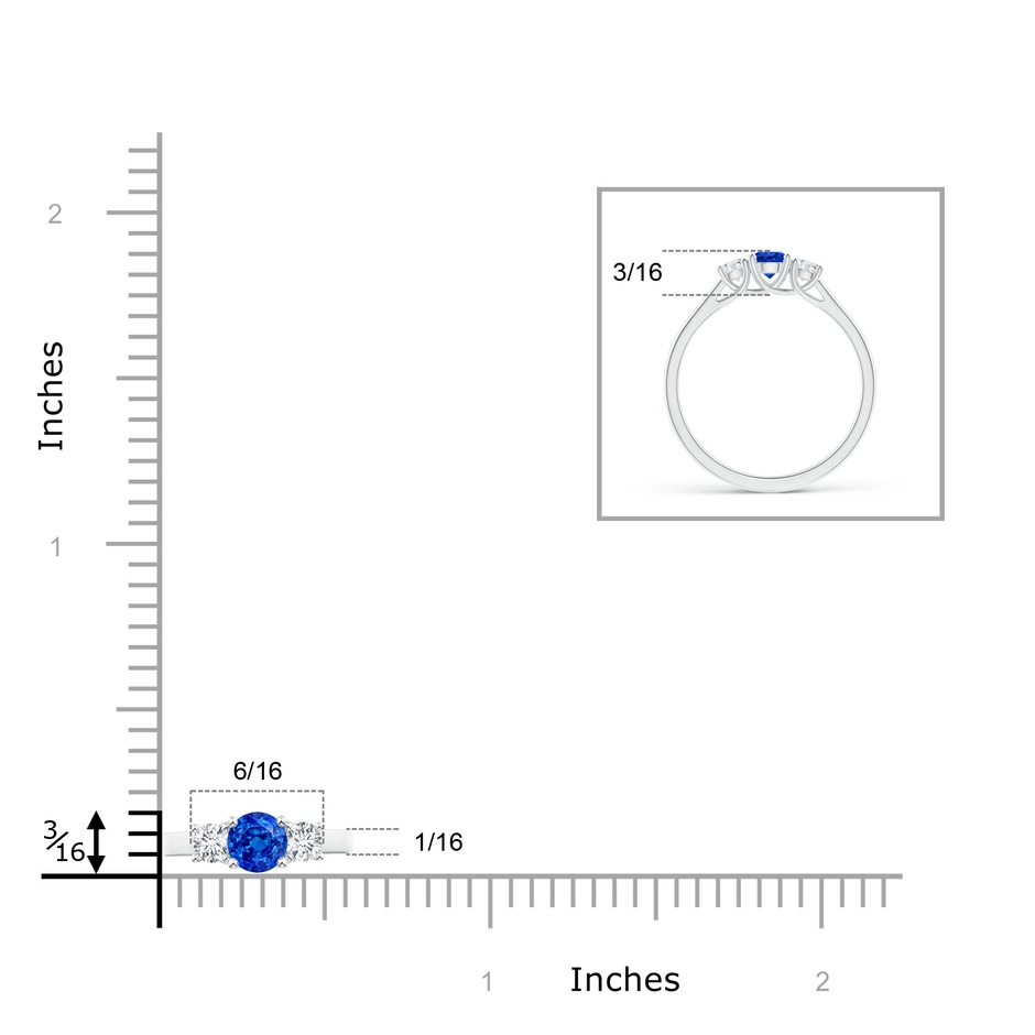 4mm AAAA Classic Round Sapphire and Diamond Three Stone Ring in White Gold ruler