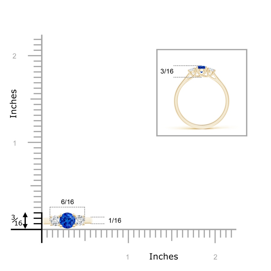 4mm AAAA Classic Round Sapphire and Diamond Three Stone Ring in Yellow Gold ruler