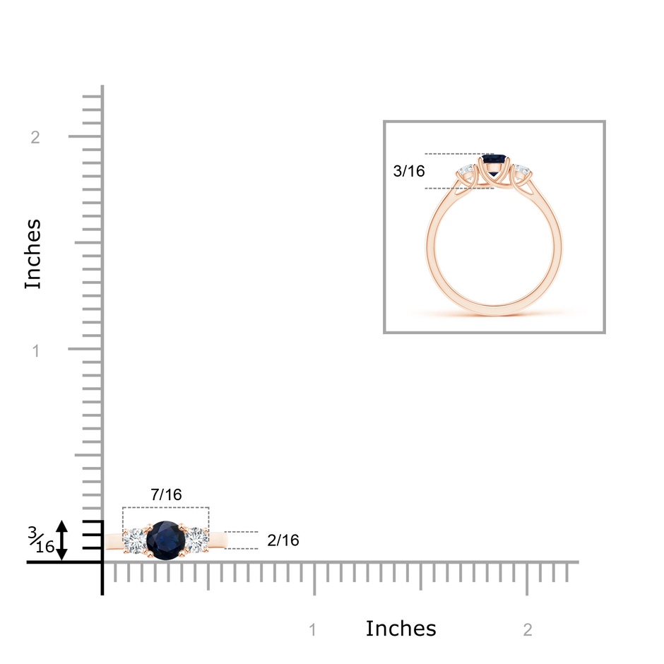 5mm A Classic Round Sapphire and Diamond Three Stone Ring in Rose Gold ruler