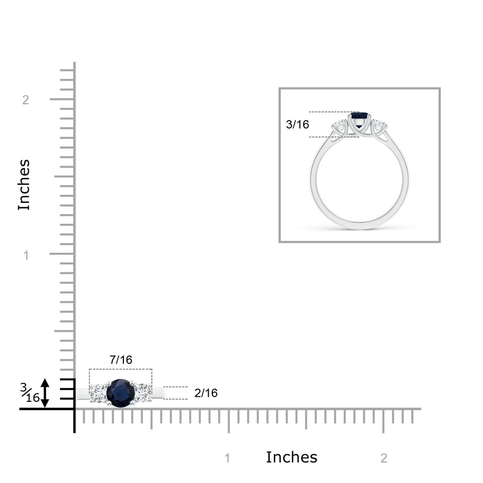 5mm A Classic Round Sapphire and Diamond Three Stone Ring in White Gold ruler