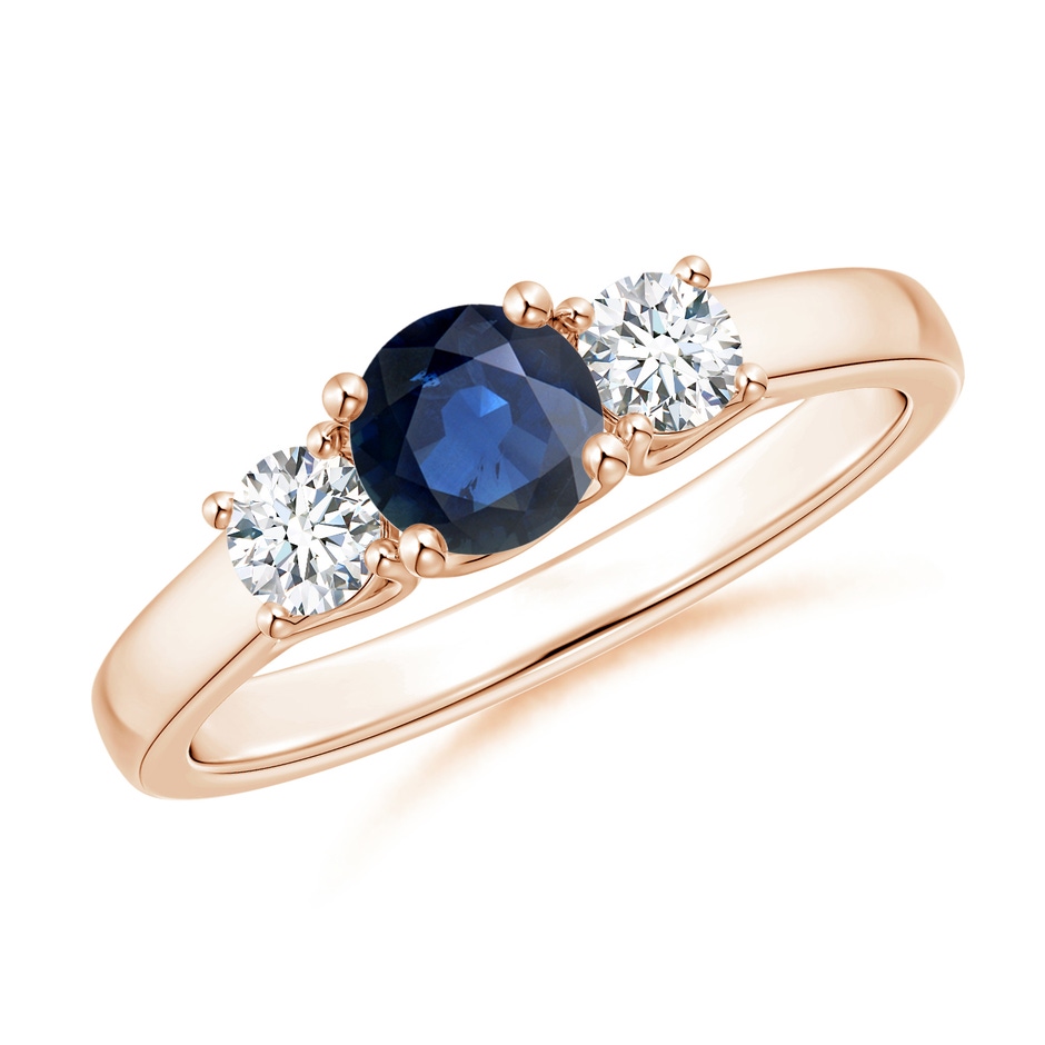 5mm AA Classic Round Sapphire and Diamond Three Stone Ring in Rose Gold 