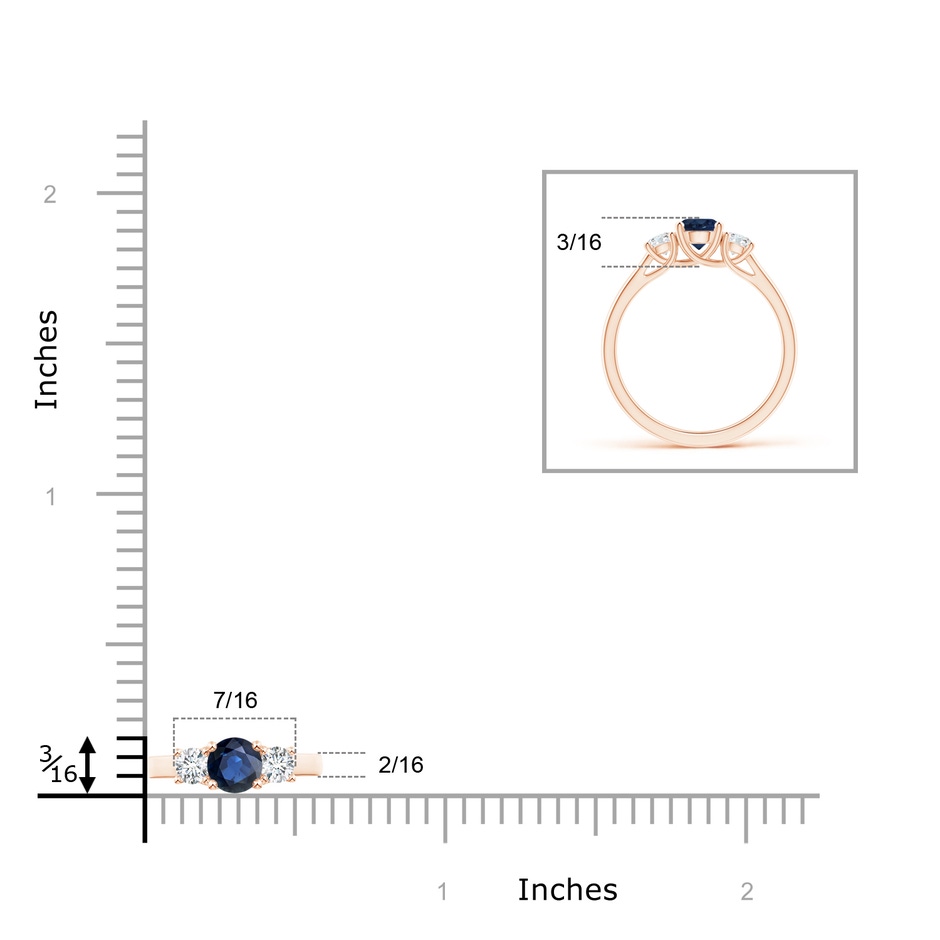 5mm AA Classic Round Sapphire and Diamond Three Stone Ring in Rose Gold ruler