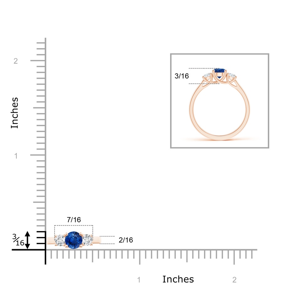 5mm AAA Classic Round Sapphire and Diamond Three Stone Ring in Rose Gold ruler