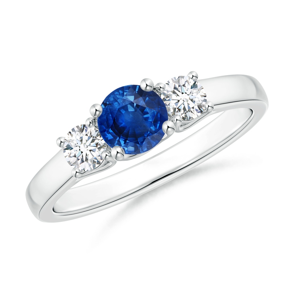 5mm AAA Classic Round Sapphire and Diamond Three Stone Ring in White Gold