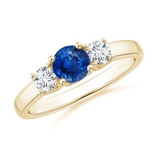 5mm AAA Classic Round Sapphire and Diamond Three Stone Ring in Yellow Gold