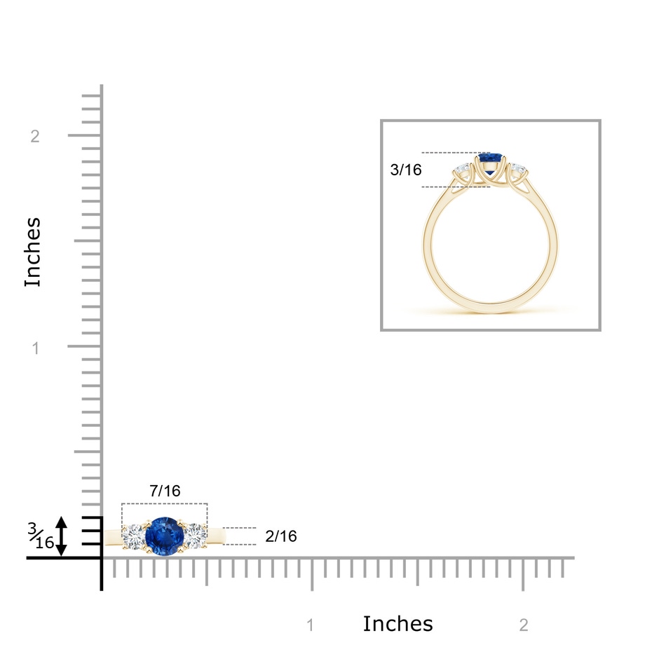 5mm AAA Classic Round Sapphire and Diamond Three Stone Ring in Yellow Gold ruler
