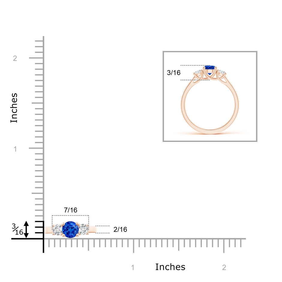 5mm AAAA Classic Round Sapphire and Diamond Three Stone Ring in Rose Gold ruler