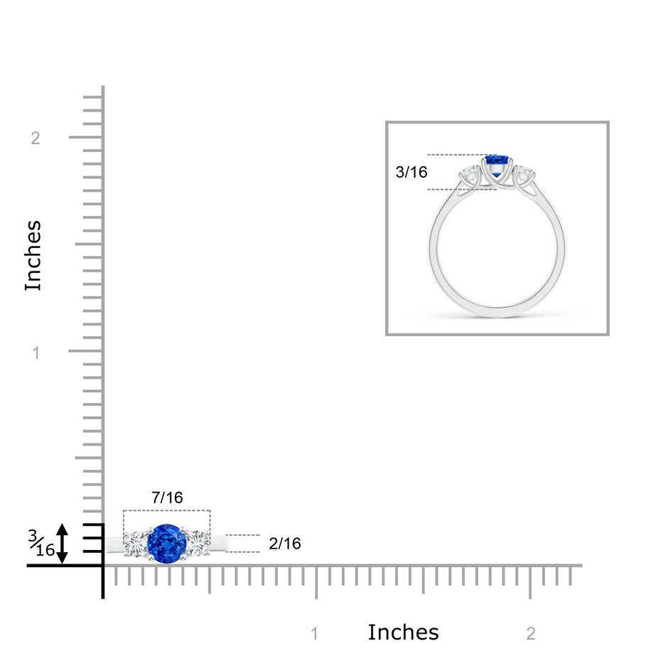 5mm AAAA Classic Round Sapphire and Diamond Three Stone Ring in White Gold ruler