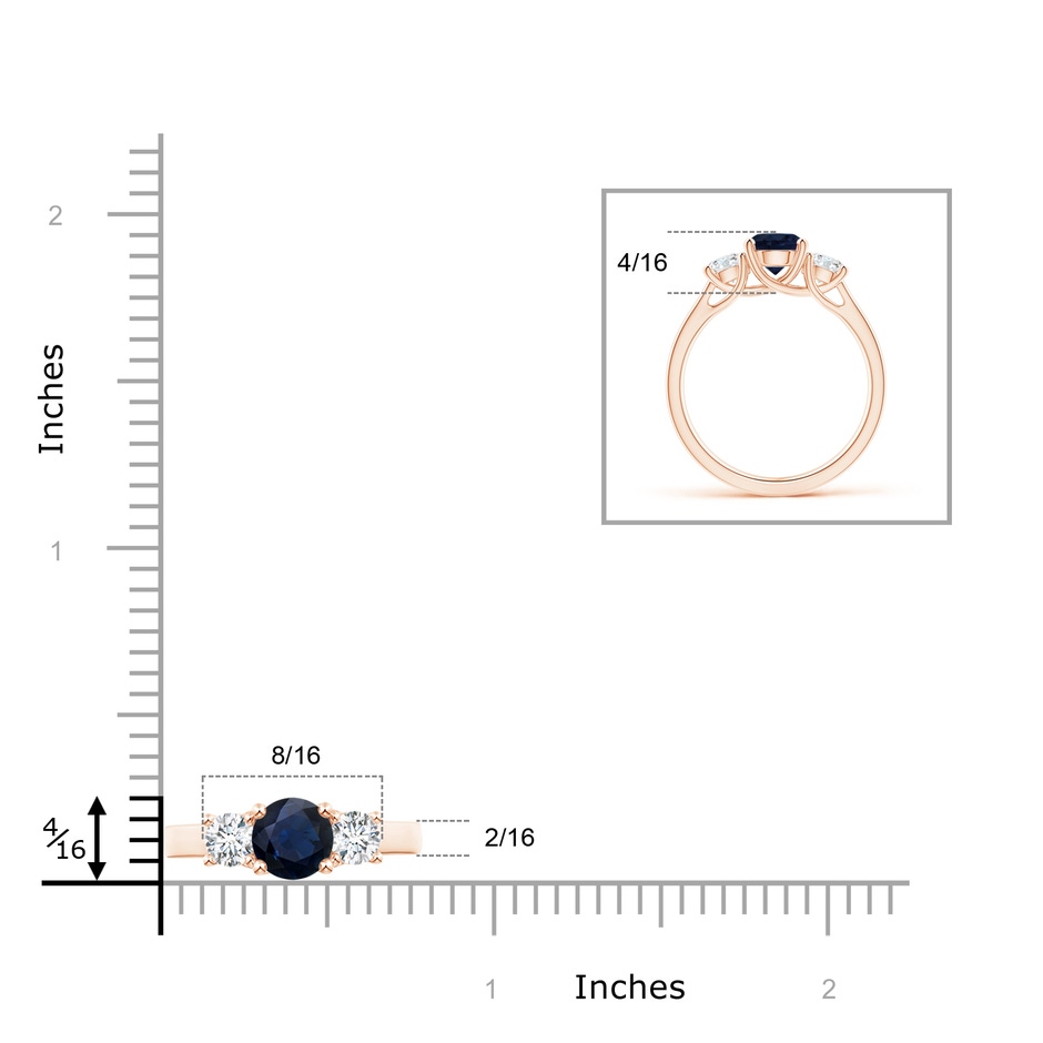 6mm A Classic Round Sapphire and Diamond Three Stone Ring in Rose Gold ruler