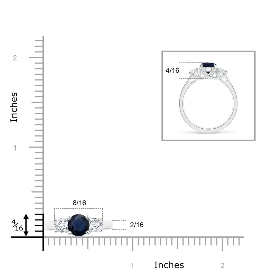 6mm A Classic Round Sapphire and Diamond Three Stone Ring in White Gold ruler