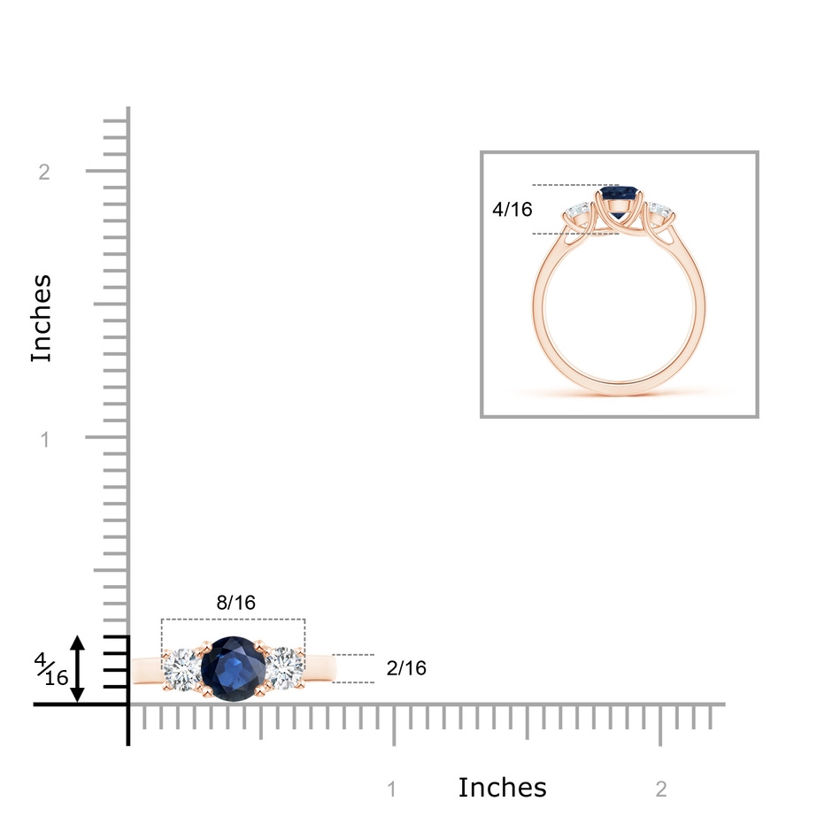 6mm AA Classic Round Sapphire and Diamond Three Stone Ring in Rose Gold ruler