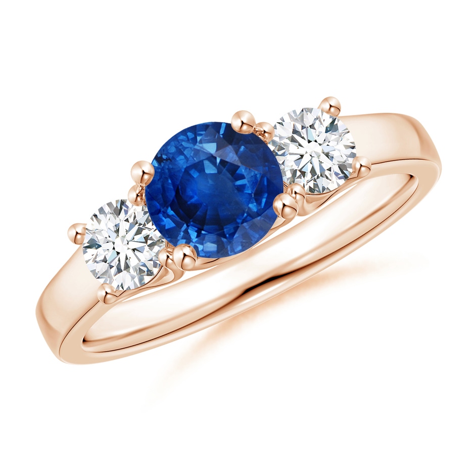 6mm AAA Classic Round Sapphire and Diamond Three Stone Ring in Rose Gold 