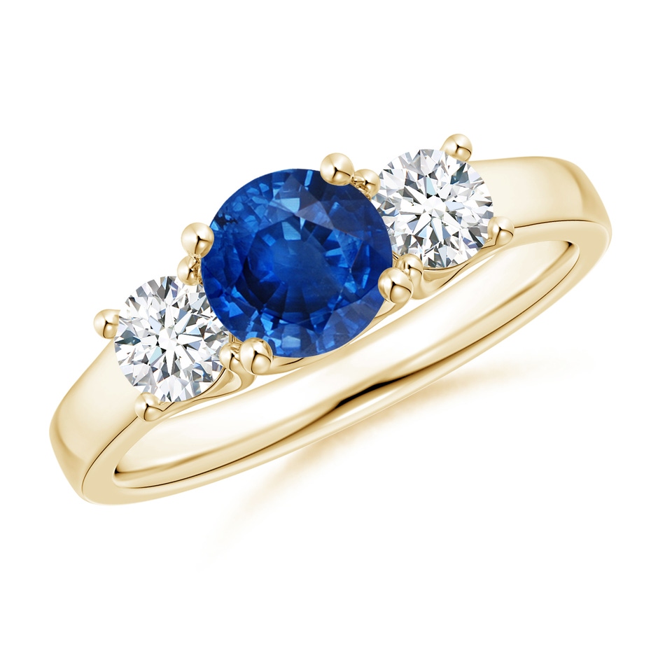 6mm AAA Classic Round Sapphire and Diamond Three Stone Ring in Yellow Gold 