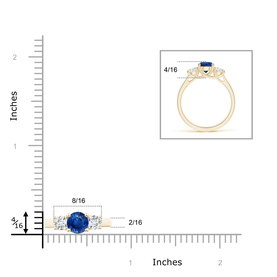 6mm AAA Classic Round Sapphire and Diamond Three Stone Ring in Yellow Gold ruler