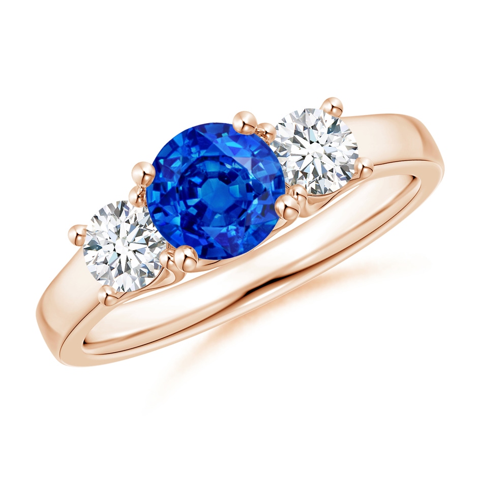 6mm AAAA Classic Round Sapphire and Diamond Three Stone Ring in Rose Gold 