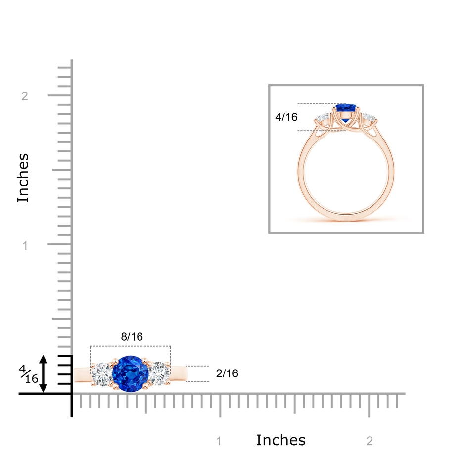 6mm AAAA Classic Round Sapphire and Diamond Three Stone Ring in Rose Gold ruler