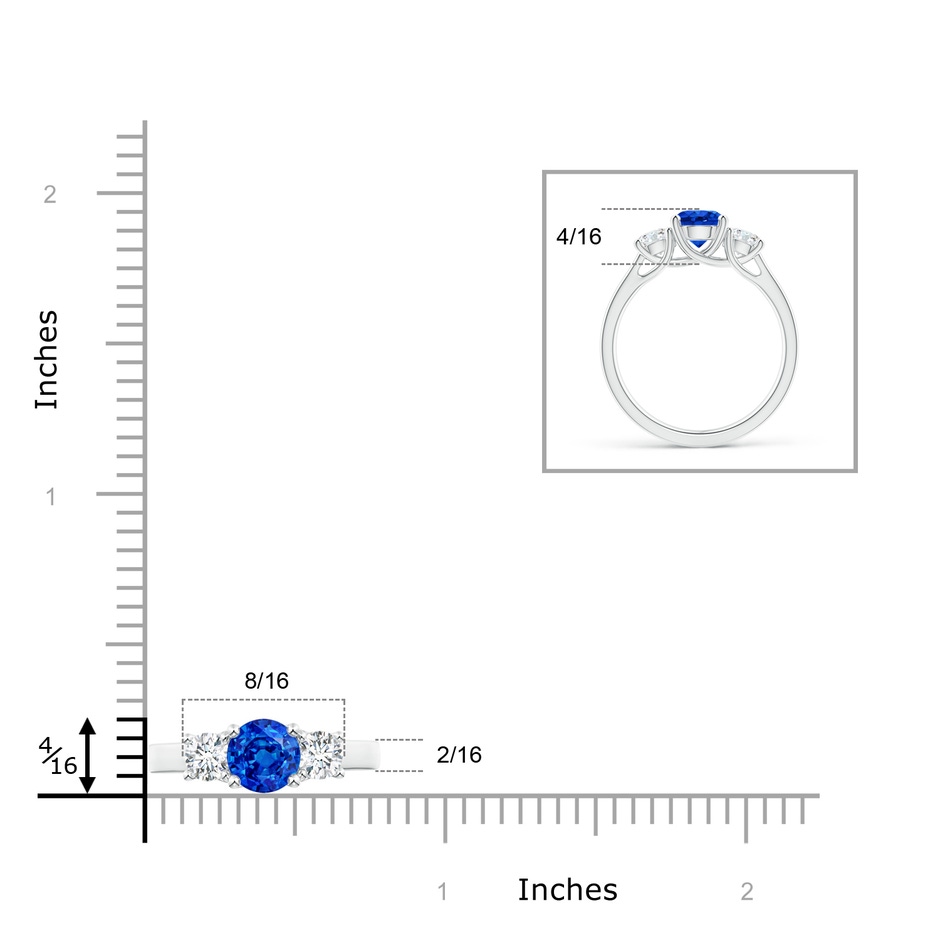6mm AAAA Classic Round Sapphire and Diamond Three Stone Ring in White Gold ruler