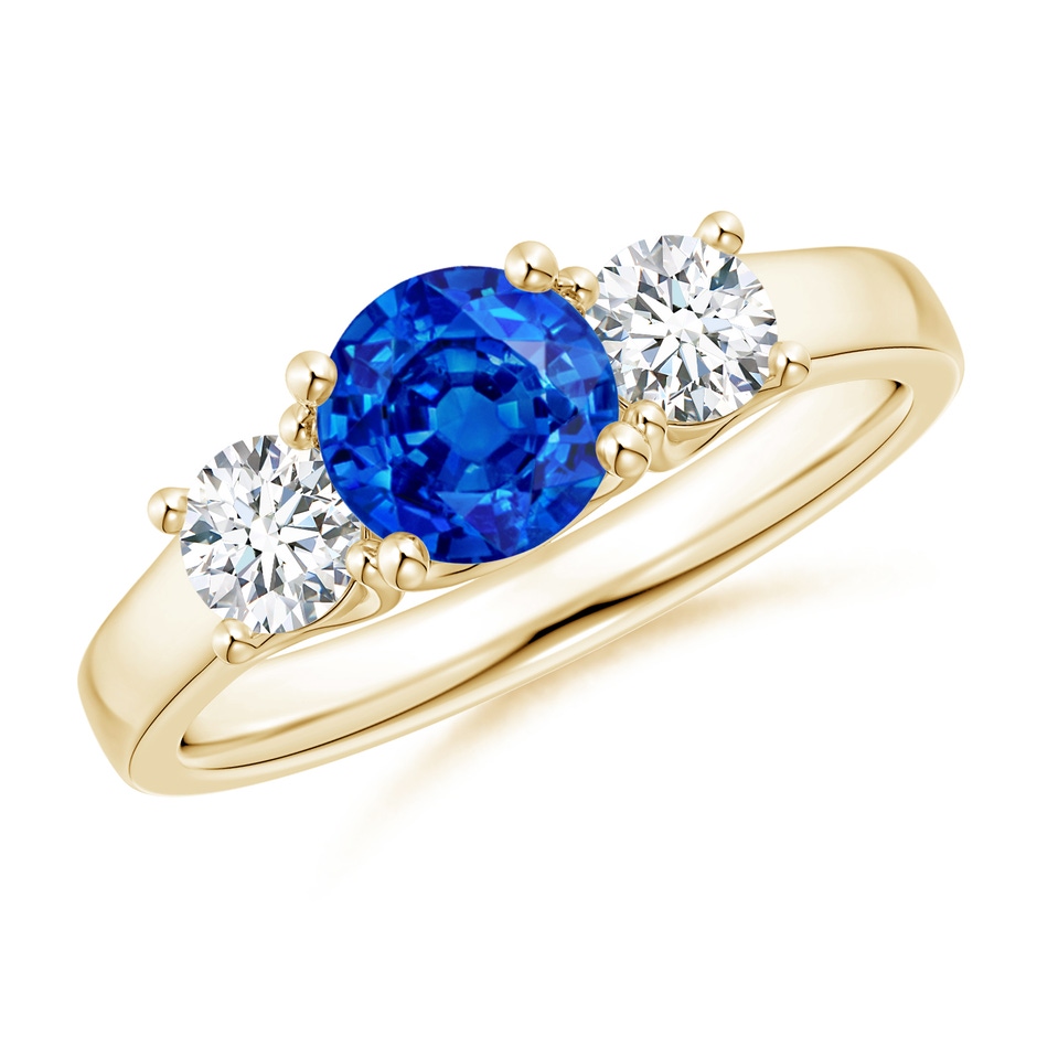 6mm AAAA Classic Round Sapphire and Diamond Three Stone Ring in Yellow Gold 