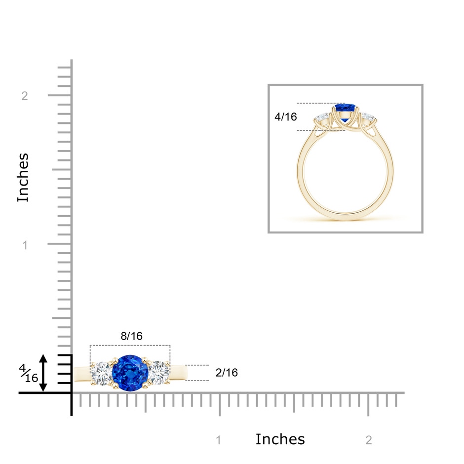 6mm AAAA Classic Round Sapphire and Diamond Three Stone Ring in Yellow Gold ruler